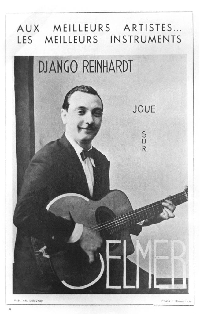 Poster of Django Reinhardt advertising Selmer guitars, c 1939. (Photo by JP Jazz Archive/Redferns)